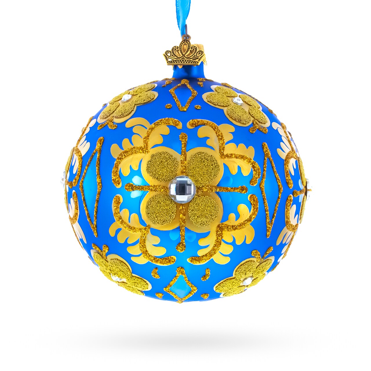 Jeweled Golden Leaves on Blue Glass Ball Christmas Ornament 4 Inches
